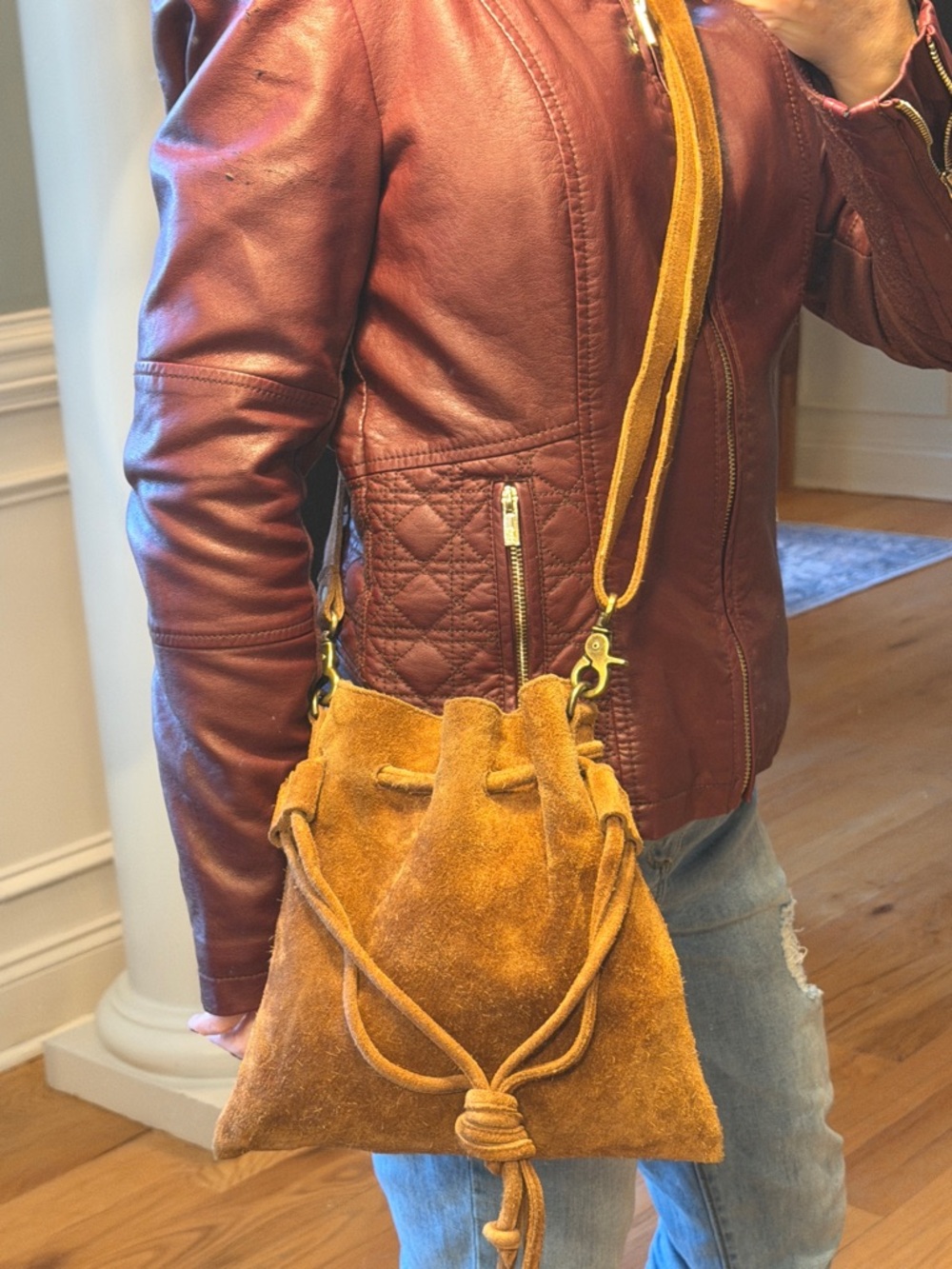 Free People Boho 2010s Suede Drawstring Bucket Bag Tan (VGUC)